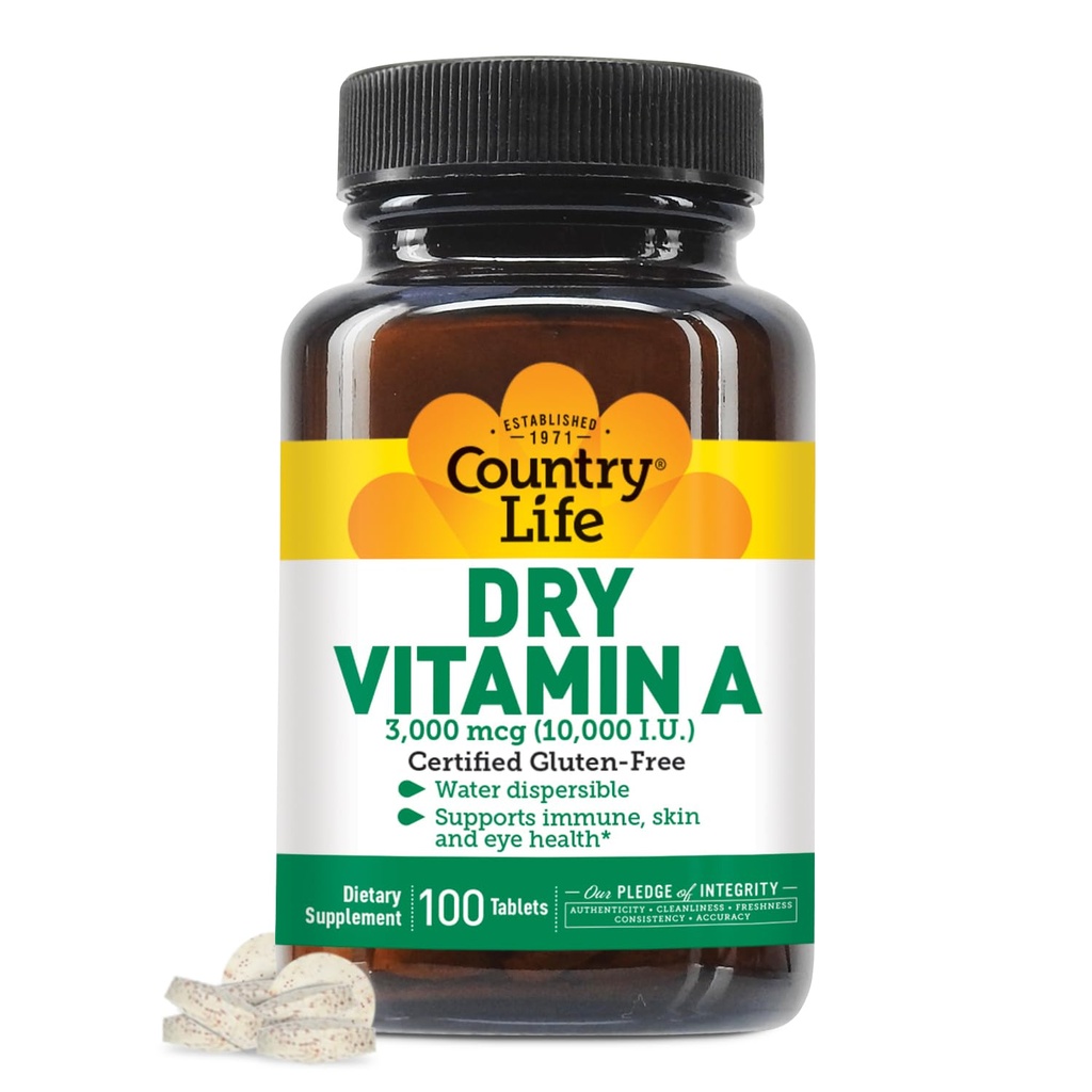 Country Life Vitamin A 10 000 IU - Immunstøtte, Hud & Eye Health Supplement, Certifisert Glutenfri, Vegan, Halal, Kosher, 50% Beta-Caroten & 50% Retinyl Palmitat, Enkel absorpsjon - 100 tabletter
