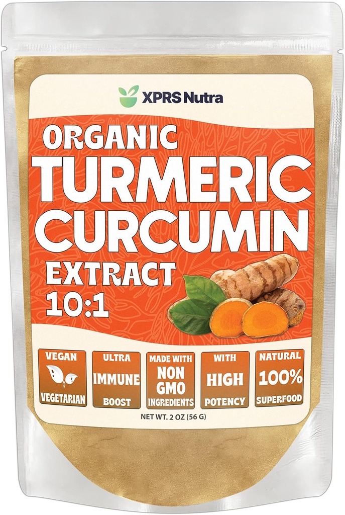 XPRS Nutra Organic Turmeric Curcumin Powder Extract 10:1 - Premium USDA Organic Curcumin pulver for immunisme - Vegansk Vennlig Pure Curcumin for Gut Health (2 Ounce)