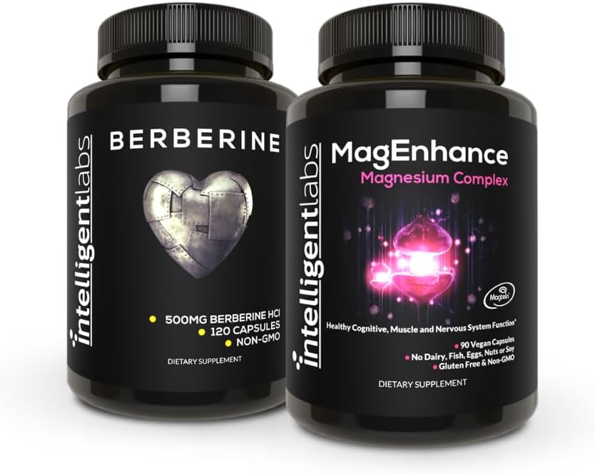 Intelligent Labs 2-i-1 Bundle av MagEnhance Magnesium Supplement (Magnesium L-Treonate Complex med Mg Glycinate og Mg Taurate) og Max Styrke Berberine 500MG Kapsler