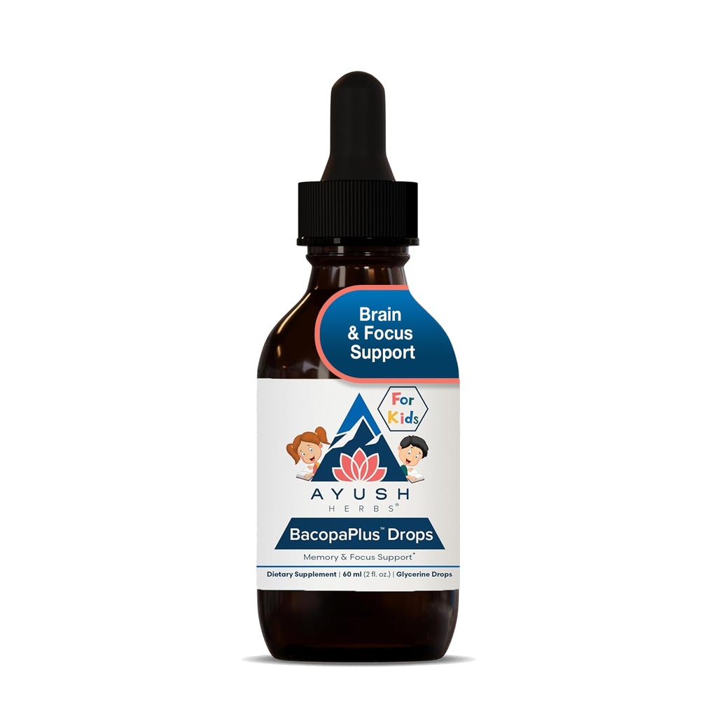 Ayush Herbs BacopaPlus Drops for barn - Barn fokus og oppmerksomhet Supplement med Bacopa, Ashwagandha, Ginkgo, Støtte for hjerne og minne, organiske ingredienser - 2 Fl Oz (80 serveringer)