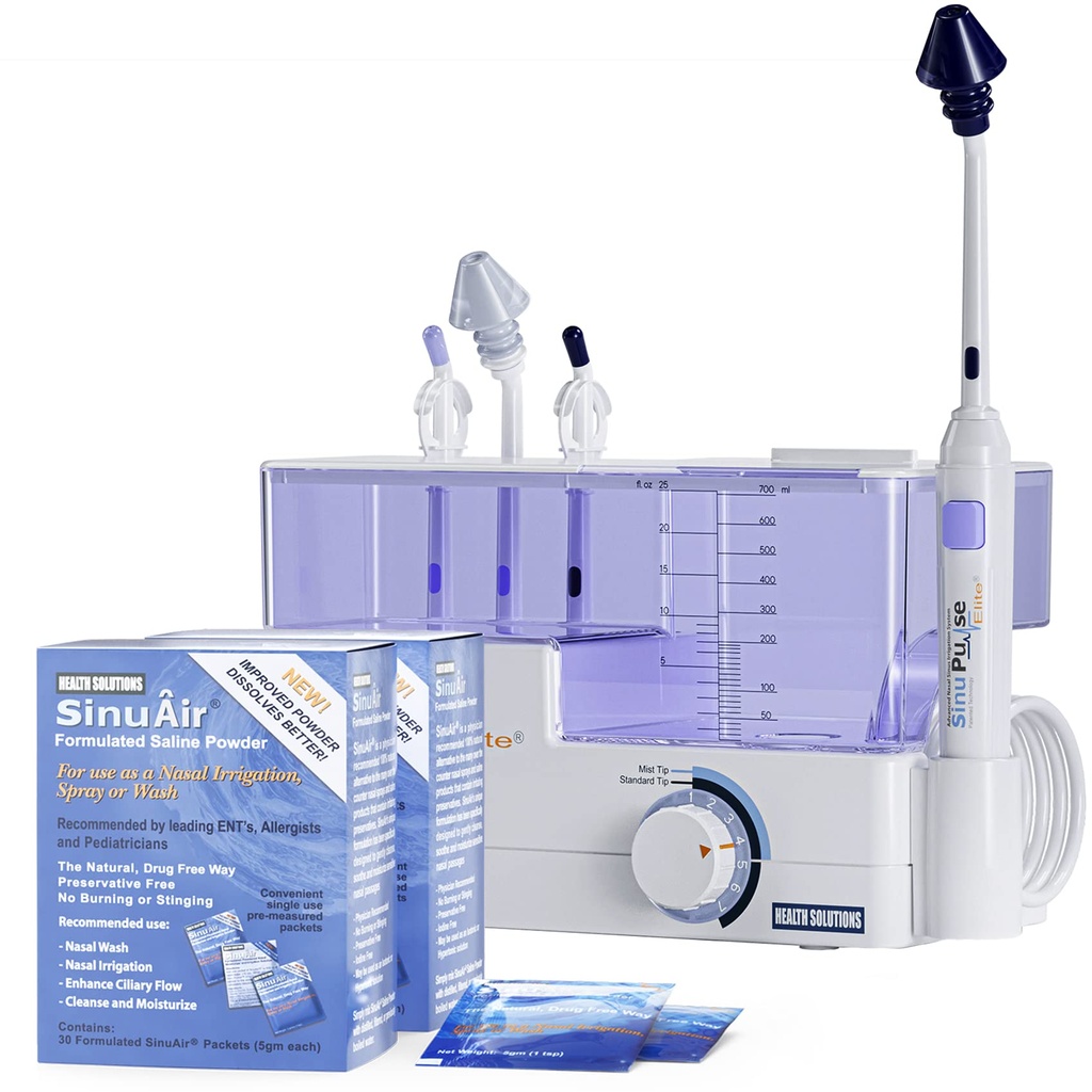 SinuPulse Elite Avansert Nasal Irrigasjonssystem - Pulseting Sinus Congestion Relief & Sinus Rinse Machine, mer effektiv enn Neti Pot, Nese Spray eller Nasal Vaskeflaske, med 90 SinuAir Packets