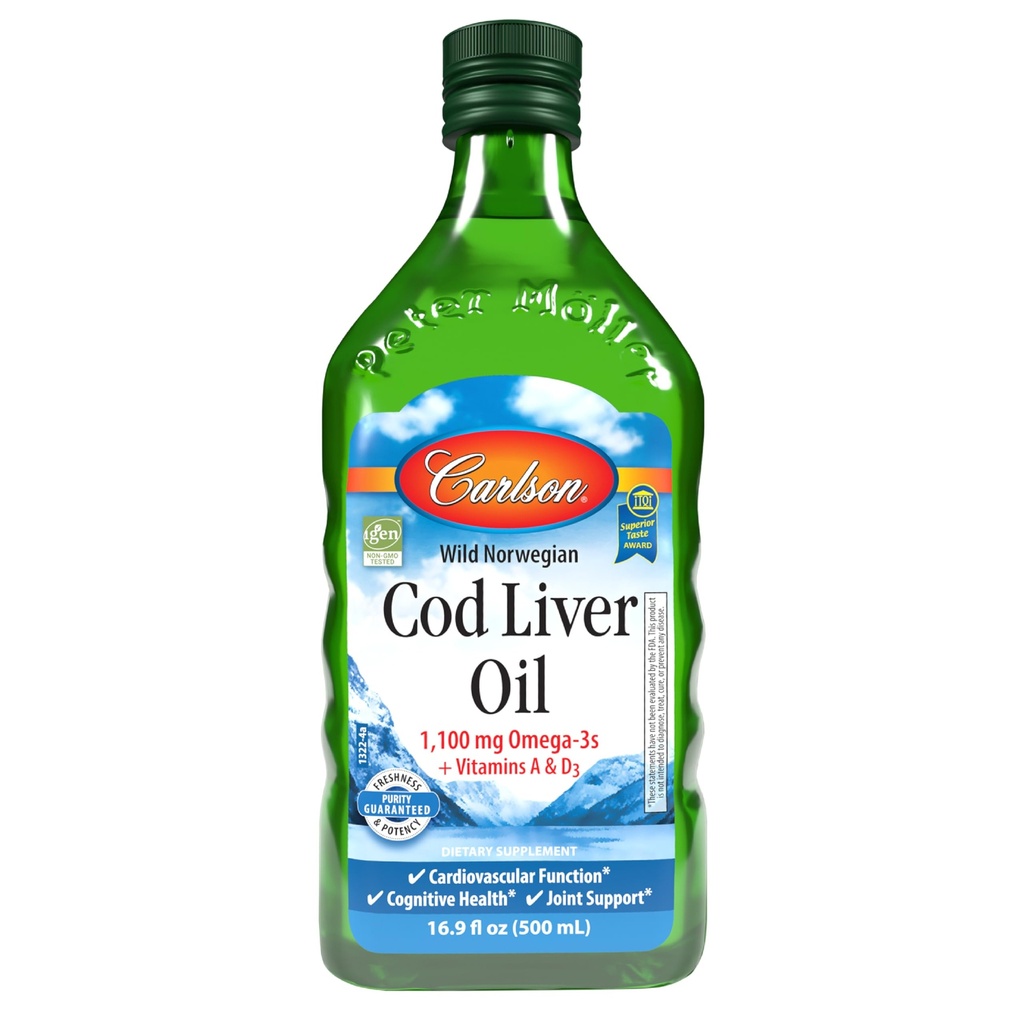 Carlson - Cod Liver Oil, 1100 mg Omega-3s, Wild-Caught Norsk Arctic Cod-Liver Oil, Sustainly Sourced Nordic Fish Oil Liquid, Unflavored, 500 ml (16.9 Fl Oz)