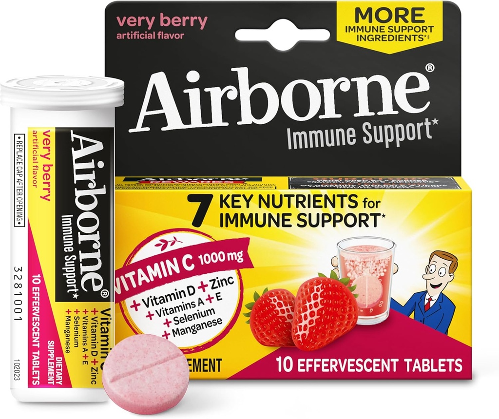 C-vitamin 1000mg (per servering) - Airborne Meget Berry Effervescent Tabletter (10 greve i en eske), Glutenfri immunstøtte Supplement, med vitaminer A C E, ZINC, Selenium, Echinacea & Ginger