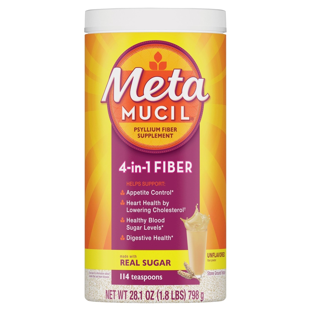 Metamucil, Psyllium Husk pulver, upåklaget original tekstur, med sukker, 114 serveringer, 4-i-1 fiber Supplement, daglig Psyllium Husk Fiber pulver støtte Digestiv helse ved å fremme regelmessighet*
