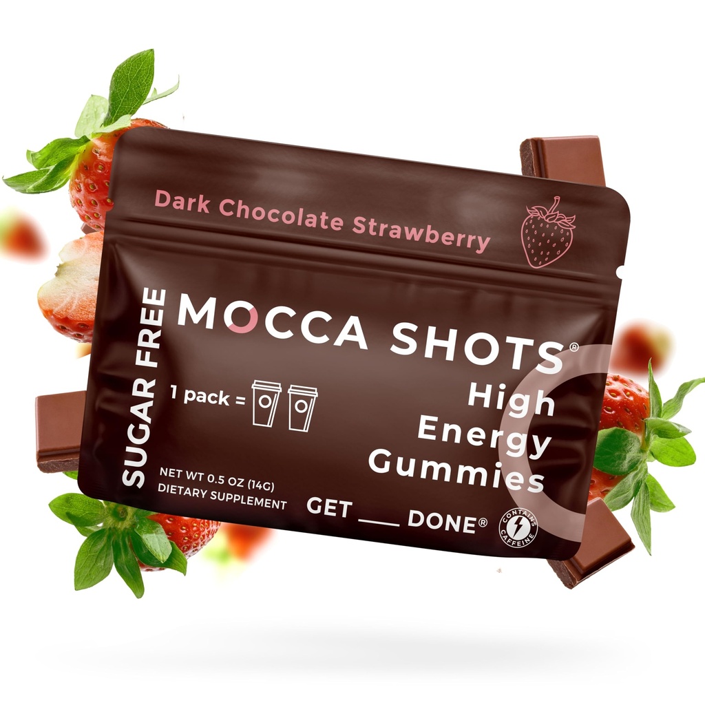 SGC høyeste konsentrasjon 100 mg koffein per gummy, 2 gummier per pakke, 6-pakke mocca Shots sukkerfri jordbær plante-basert nootropisk øyeblikkelig energi med Ginkgo biloba, teobromin.