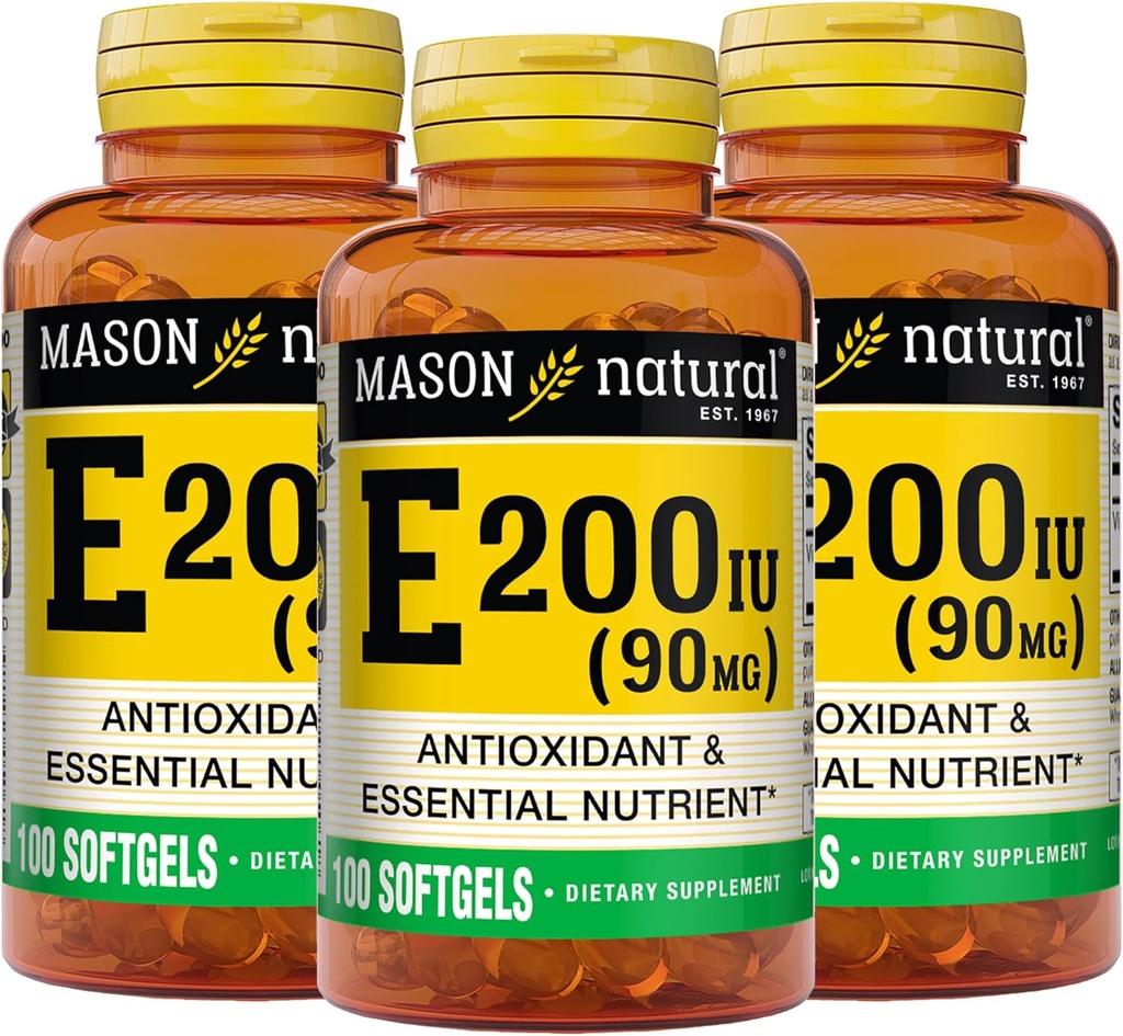 MASON NATURAL vitamin E 90 mg (200 IE) - Antioksidant og essensiell næringsstoff, sunn immunsystem, hud og øyne, hele kroppens kosttilskudd, 100 Softgels (pakke med 3)