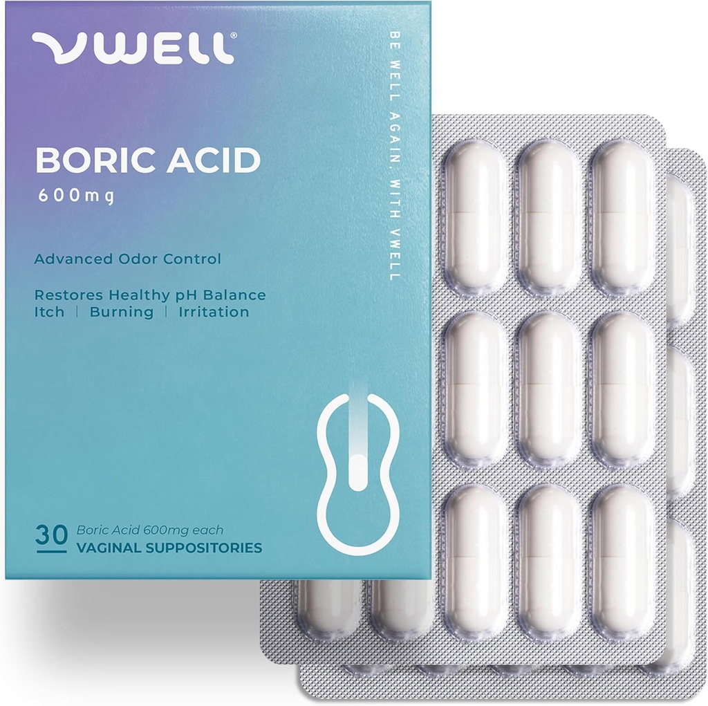 VWELL Boric Acid Vaginal Suppositories - opprettholder og balanser Sunn Vaginal pH & Microbiom å administrere Odor Itch brennende irritation intimitet - leger anbefalt (En størrelse, 30, greve)
