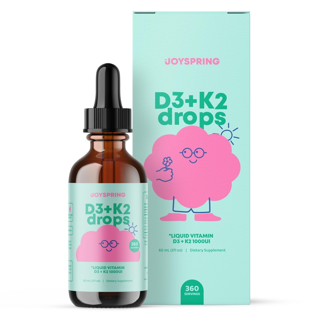 JoySpring vitamin D3 Kids slippes med K2 – Flytende kosttilskudd for kalsiumabsorpsjon og felles helse – 360 serveringer (2 fl oz) – vitamin D Kids alder 3-18