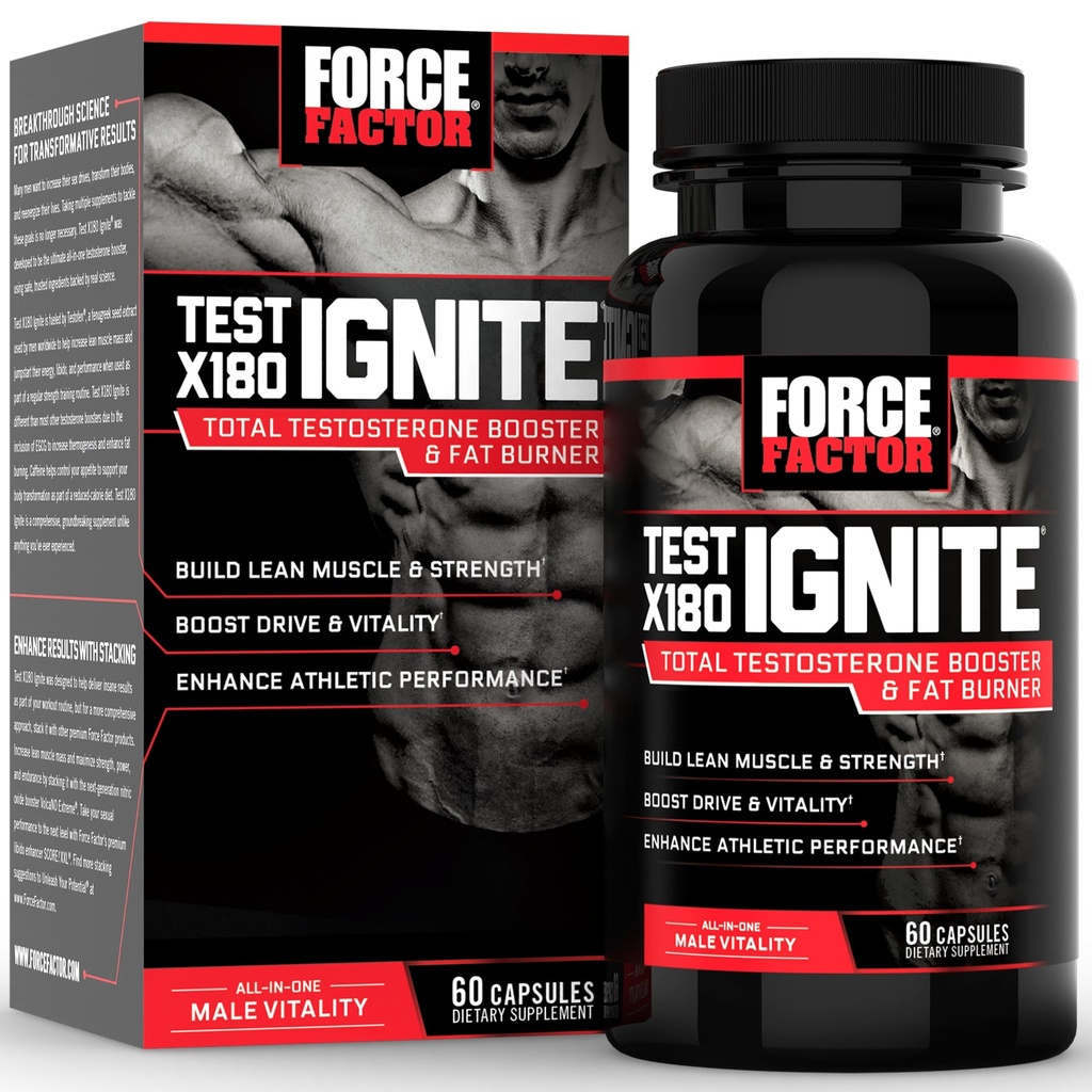 FORCE FACTOR Test X180 Ignite Total Testosteron Booster for menn med fenugreek frø og grønn te ekstrakt å bygge lean muskel, øke energi, og forbedre ytelse, 60 greve