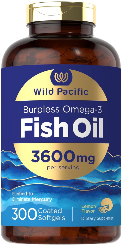 Carlyle Burpless Fish Oil 3600 mg | 300 Softgels | med Omega-3 fettsyrer | Lemon Flavor | Ikke-GMO, Glutenfri kosttilskudd | ved Wild Pacific
