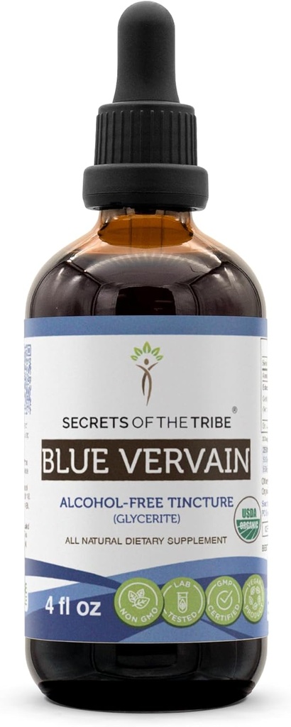 Hemmeligheter av Tribe Blue Vervain USDA Økologisk | Alkoholfri ekstrakt, høy potens Herbal Drops | laget av 100% sertifisert organisk blå Vervain (Verbena Hastata) tørket urt (4 oz)