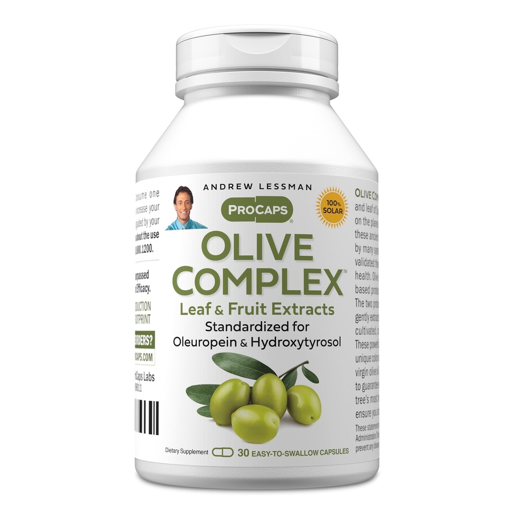 ANDREW LESSMAN Olive Complex - 30 kapsler - blad og frukt ekstrakter. Standardisert for Oleuropein og Hydroxytyrosol for å støtte kardiovaskulær og immun helse. Små enkle å svelge kapsler