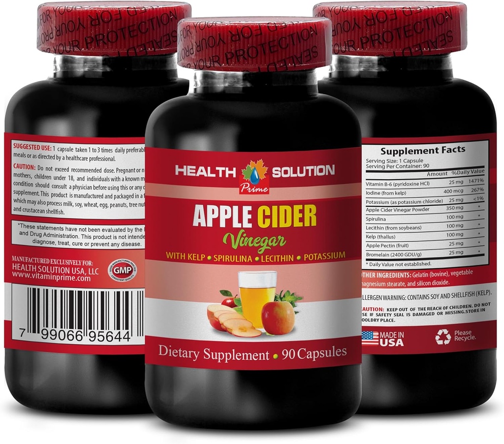 Apple Cider Vinegar Hårprodukter - Apple Cider Vinegar Avansert Kompleks med kelp, spirulina, Lecithin - Lecithin kelp b6, Klamath Blå Grønn Algae, Digestionsstøtte Supplement - 1 flaske 90 Caps