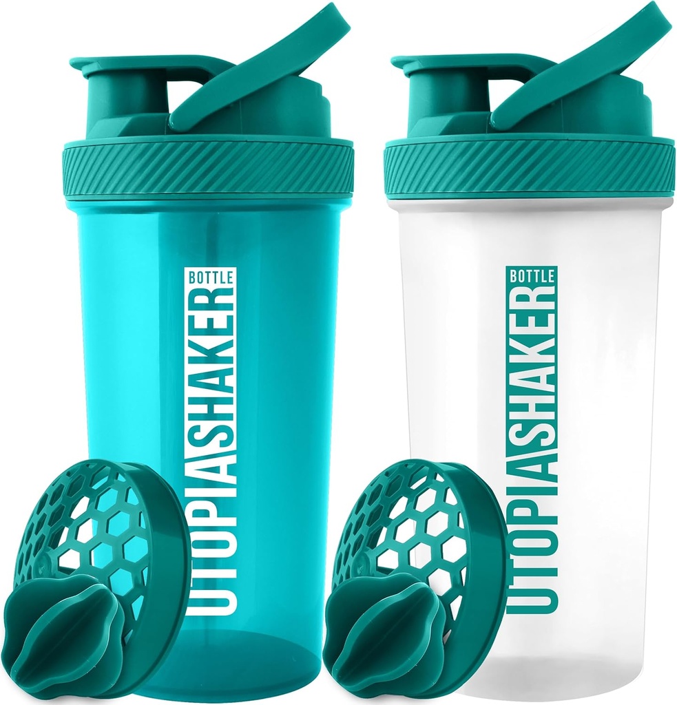 Utopia Home Protein Shaker Flaske - (pakke med 2) 28-Ounce Shaker flasker For Protein Mixes - Fitness Sports Classic Protein Mixer Shaker Flaske (Teal & Clear/Teal)