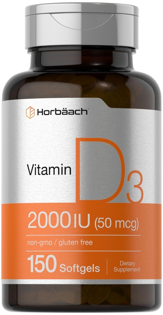 Horbaach Vitamin D3 2000IU Softgels | 150 Count | 50mcg Kolekalciferol | Ikke-GMO & Glutenfri Supplement
