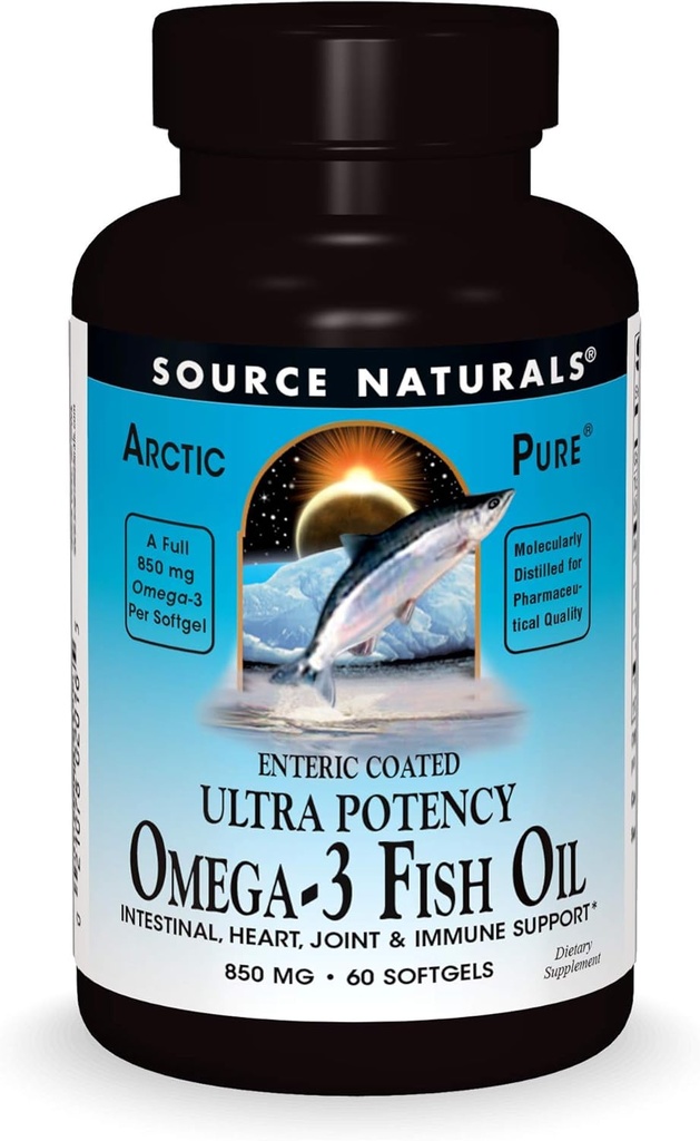 Kilde Naturals ArcticPure Omega-3 Fish Oil 850mg Ultra Potens EPA + DHA for hjerte, felles, hjerne og immun helse - Enterisk belagt for sensitive magene - 60 Softgels