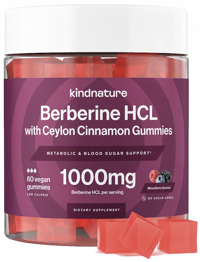 kindnature Berberine Gummies 1000mg med ceylon cinnamon & Resveratrol - Sugar-fri Vegan Supplement for blodsukk støtte, metabolisme, cravings velvære - Ikke-GMO, Glutenfri