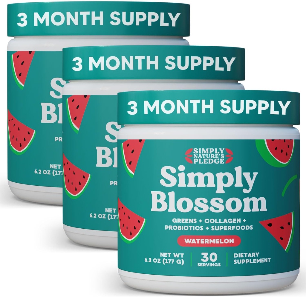 Bare Blossom Nutrition Daily Greens & Superfood Powder + Collagen + Probiotika for kvinners digestive helse og lindring relief. Hjelp din helse Bloom - 3 måneders forsyning - Watermelon