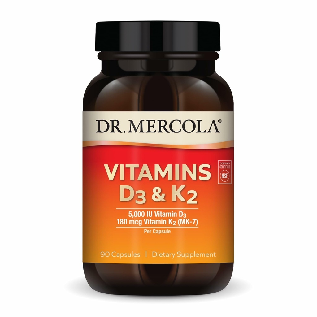 Dr. Mercola vitaminer D3 & K2 kosttilskudd, 90 serveringer (90 kapsler), støtter hjerte helse, immun støtte, ikke GMO, Soya gratis, Glutenfri