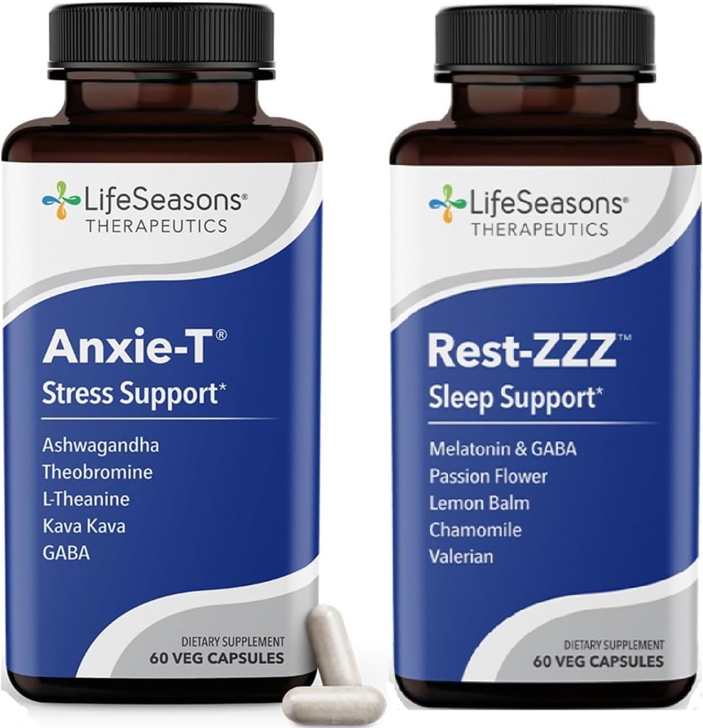 LifeSeasons Anxie-T med Rest-ZZZ - Støtter Mood & Full Nights søvn - Naturlig Ease Muscle Tension & Restless - 120 kapsler