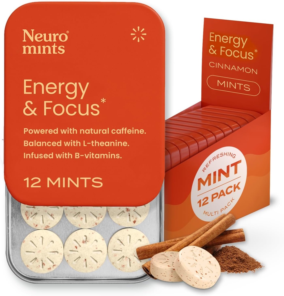 NeuroGum Energi Koffein Mints (144 stykker) - Sukker Gratis med L-theanine + Naturlig Koffein + Vitamin B12 & B6 - Nootropisk energi og fokus Supplement for kvinner og menn - Keto & Vegan, Cinnamon Flavor