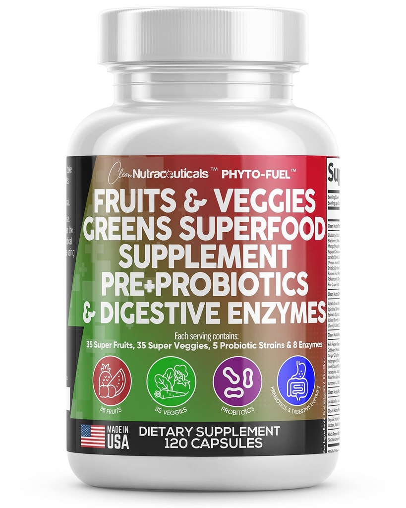 Ren Nutraceuticals Frukter og grønnsaker Supplement Røde og Grønn Superfood - Balanse på over 70 frukt og grønnsaker Kosttilskudd Kapsler med Probiotika Prebiotika Digestive Enzymer - 120 Ct USA