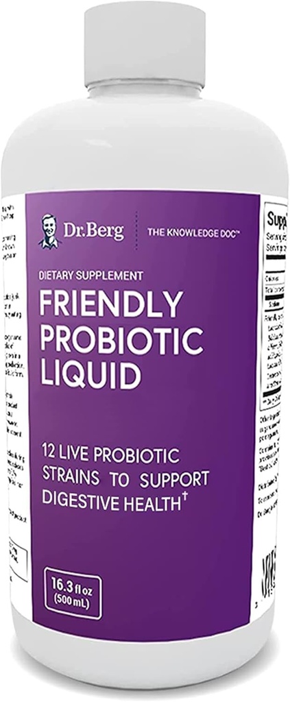 Dr. Bergs vennlige Probiotiske flytende Supplement Drink m/ 12 Live Probiotika Strains & Lactobacillus Acidophilus - Digestiv helse, immunsystem og Gut støtte for menn kvinner og barn -1 måneds forsyning