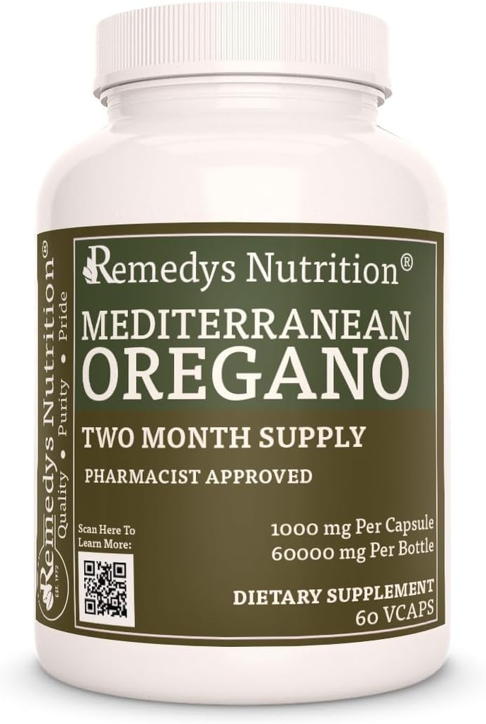 Remedys ernæring Middelhavet Oregano | 1000 mg, 60 Vegan kapsler Herbal kosttilskudd | To måneders forsyning