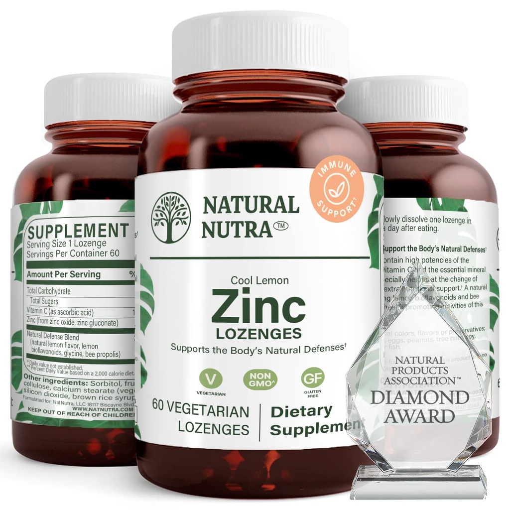 Naturlige Nutra Sink Lozenger med vitamin C, sitronflavor, støtte immun, nervesystem og bein styrke, forsterket med Bioflavonoider og Bee Propolis, Sublingual Zink Gluconate, 60 vegetarisk