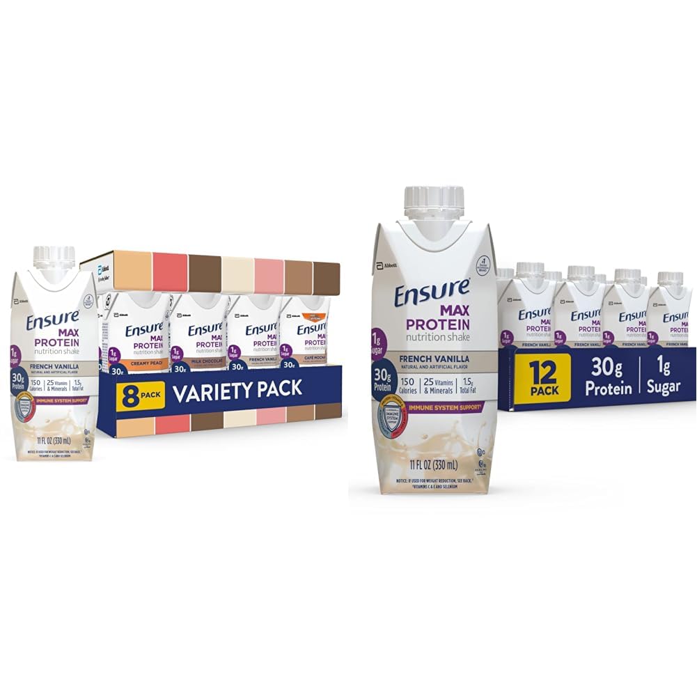Sikre Max Protein Ernæringshake, Variety Pack, med 30 g protein & Max Protein Ernæringshake med 30 g protein, 1 g sukker, høyproteinshake, fransk vanilla, væske, 11 fl oz (pakke med 12)