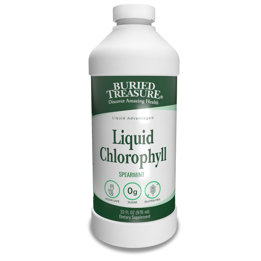 Begravet skatt flytende klorofyll 100 mg, kosttilskudd, intestinell digestiv støtte naturlig kroppen deodorant vegansk ikke-GMO alkohol gratis, Spearmint Flavor 32oz