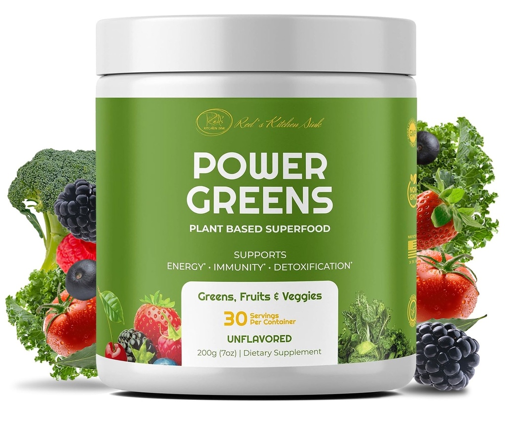 Red's Kitchen Sink Power Greens Powder - Daglige Grønne Superfood Powder - Fruktig, Veggie, & Grønn Leafy Smoothie Drink Mix - Superfoods Maca Root, Spirulina, Klorella, & mer (200 gram)