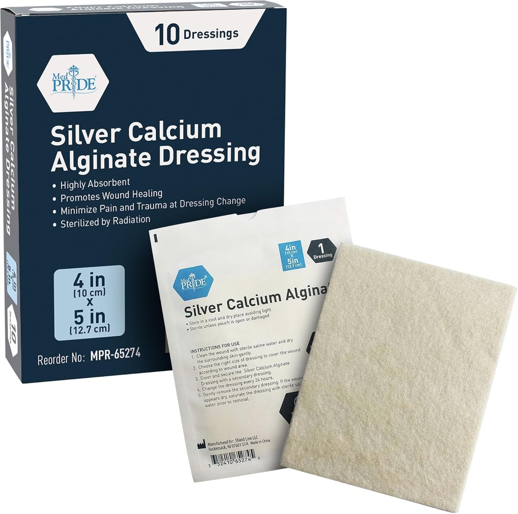 Med PRIDE Sølv Kalsium Alginate Sår Dressing, 10-Pack | Høyt Absorbent, Nonstick, Seaweed, Enkel fjerning (4''' x 5'' Silver)