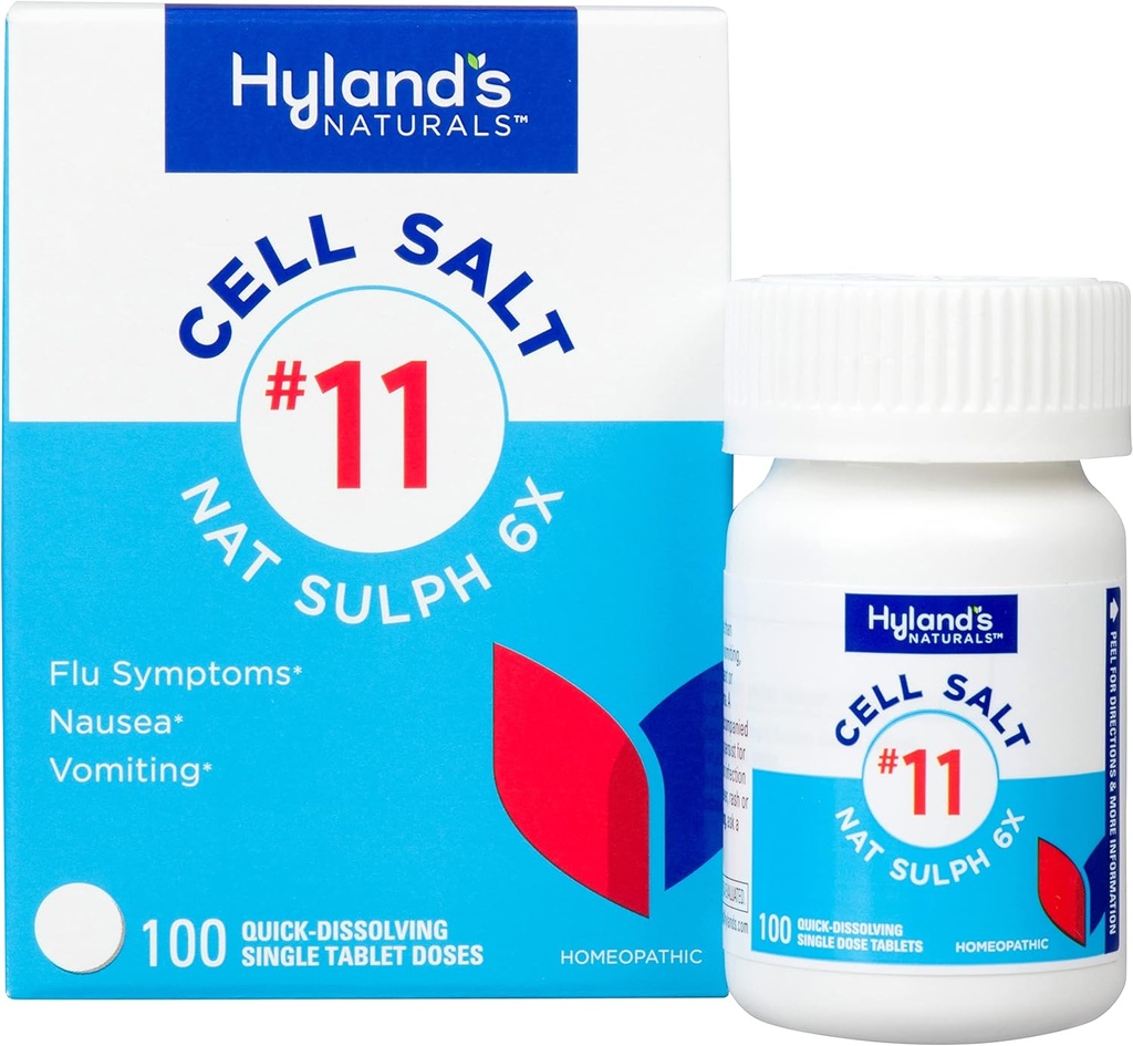 Hyland's No. 11 Cell Salt Nat Sulph 6X Tabletter, Cold og influensa medisin, kvalme lindring, rask oppløsning tabletter, 100 telling