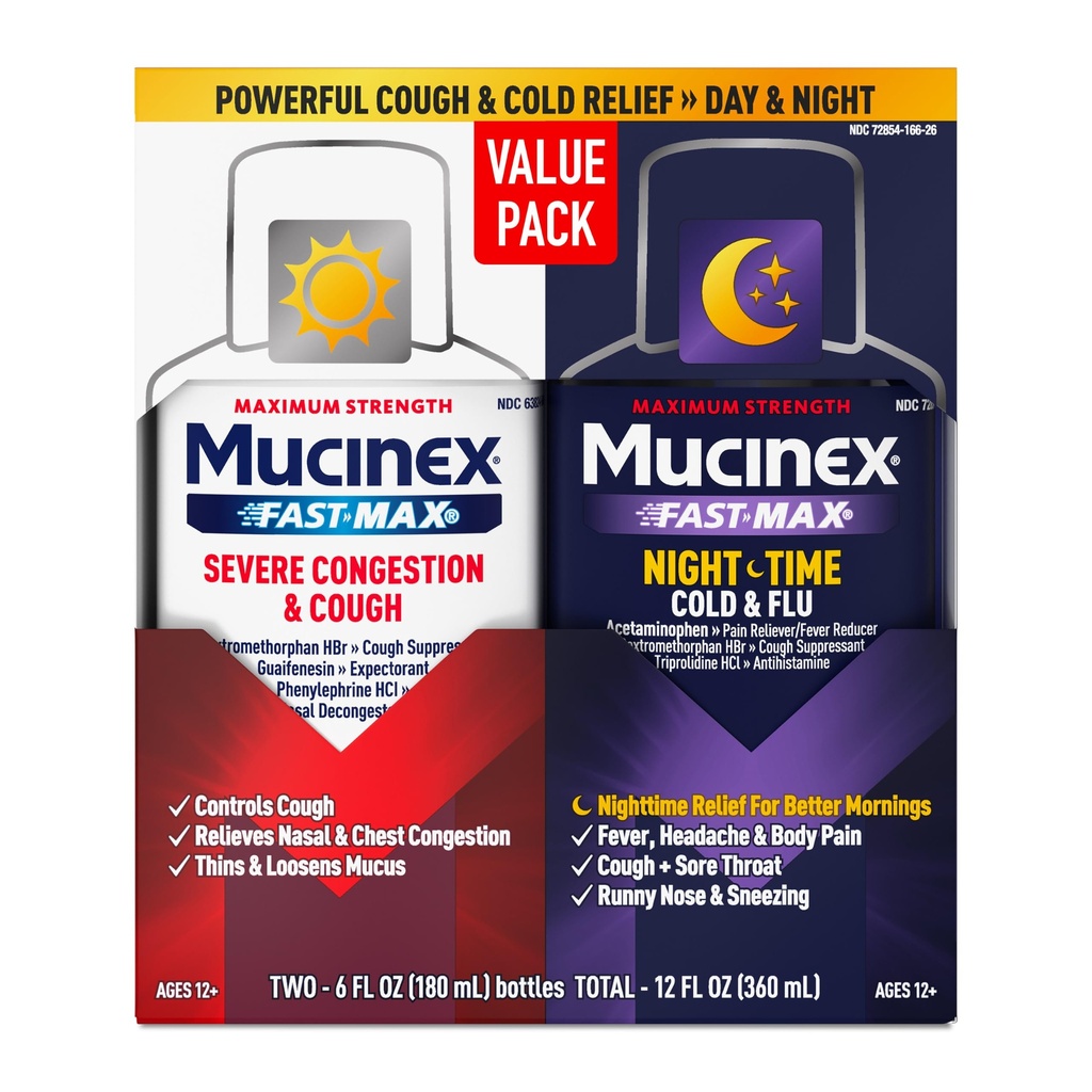 Mucinex Fast-Max & NightShift Combo Pack - Maks styrke Cough & Cold Medisin For Mucus Relief, Brystkongesjon, Nasal kongessjon, Sinus Congestion, Sinus Pressure, Cough Symptom Relief (2x 6 FL OZ)