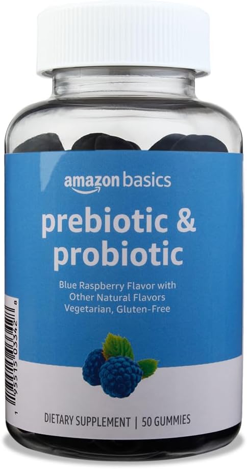 Basics Prebiotic & Probiotic Gummies, 2 milliarder CFU, Blå bringebær, 50 greve (2 per servering) (tidligere Solimo)