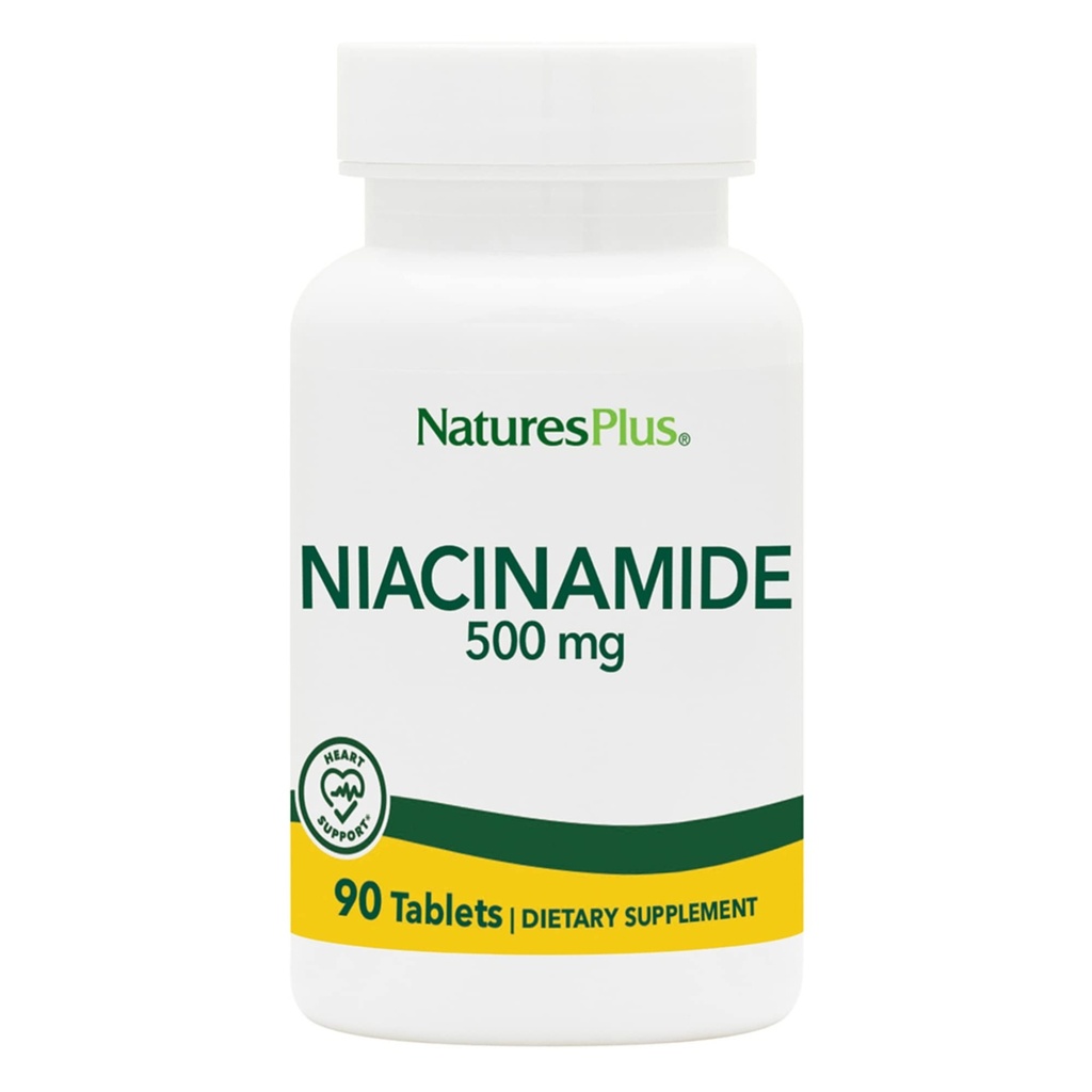 NaturesPlus Niacinamide - 500 mg, 90 tabletter - høy styrke Vitamin B3 Supplement - Vegetarisk, Glutenfri - 90 Serveringer