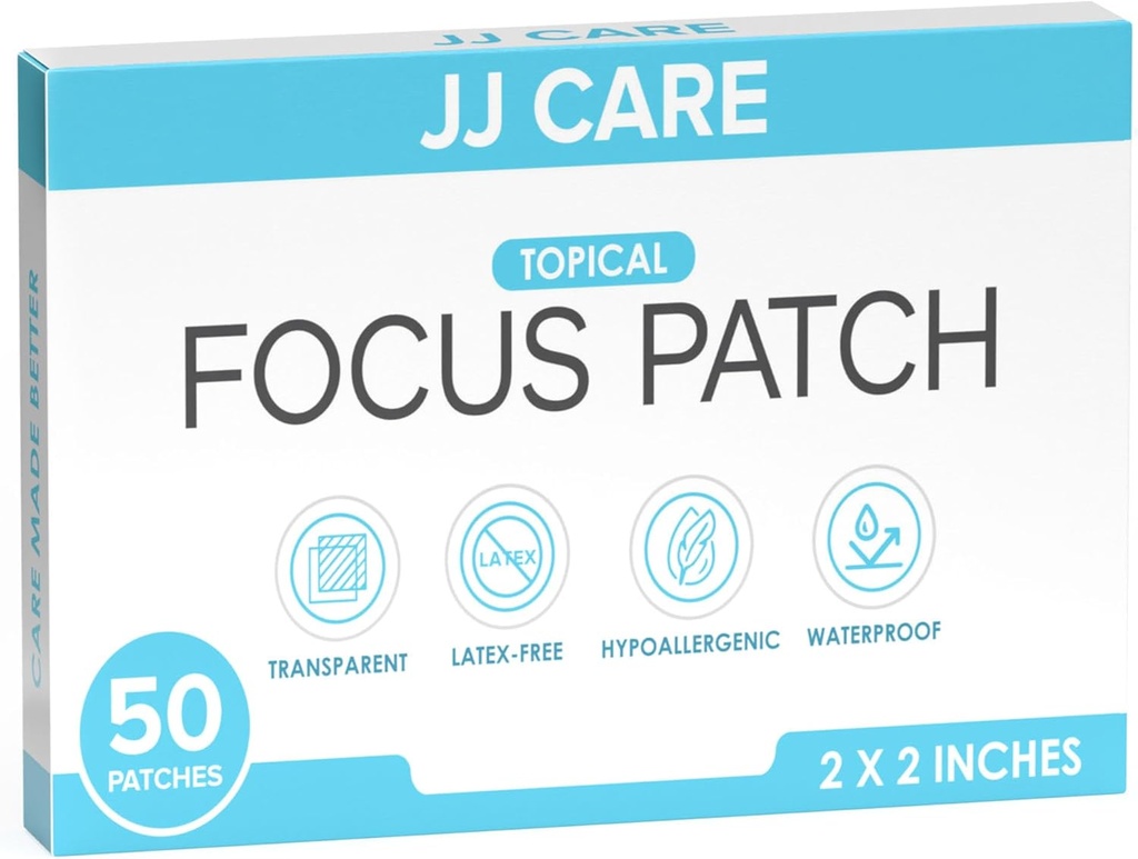 JJ CARE Focus Patch - Pakke med 50 all-Naturlig Focus Plus Patches for voksne, støttekonsentrasjon, fokus og minne | 50 dagers forsyning av Brain Patch