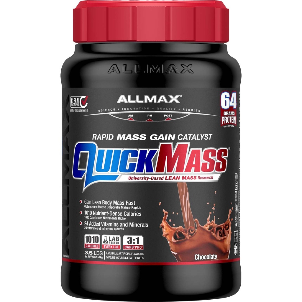 ALLMAX QUICKMASS, Sjokolade - 3,5 lb - Rask Mass Gain Catalyst - Opp til 64 gram protein per servering - 3:1 carb til proteinforhold - Zero Trans Fat - Opp til 24 serveringer