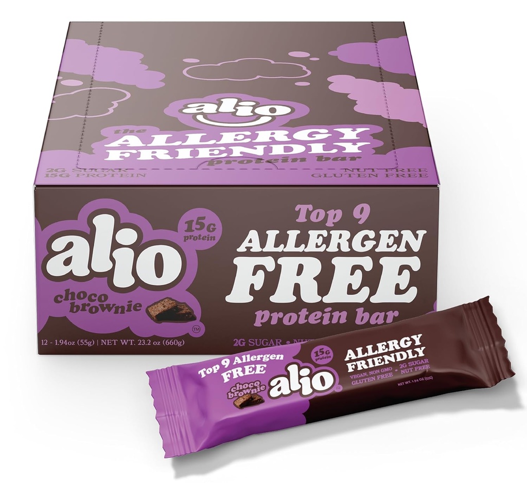 Alio Protein Bars - Choco Brownie (12 Bars) - Gratis fra topp 9 matallergier, høy protein, lavkalori, vegansk, glutenfri, nøttfri, ikke-GMO, plantebasert, frøoljefri, Delicious og sunn snack