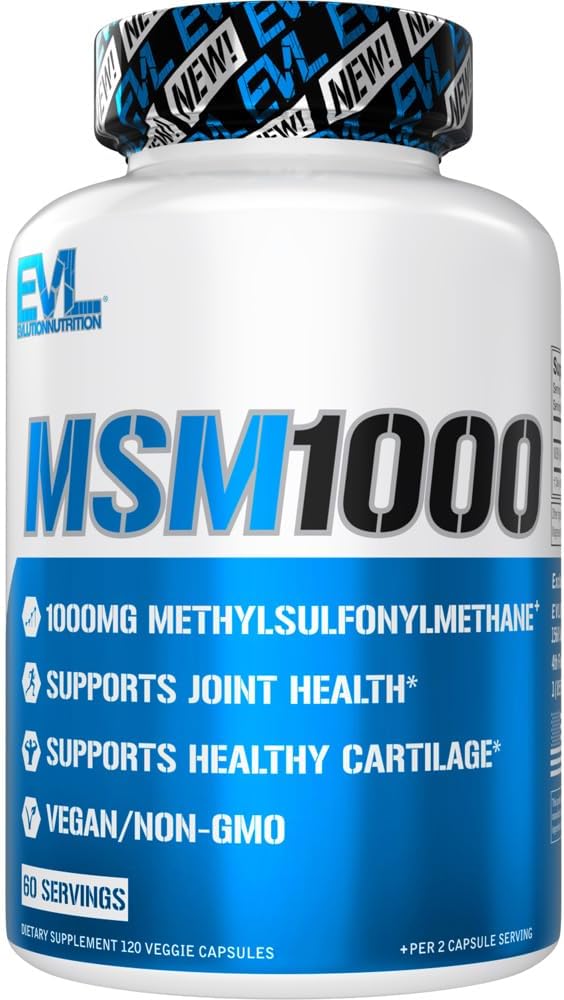 Evlution Nutrition MSM1000-1000 MG Metylsulfonylmetan Supplement - Felles helsestøtte - Cartilage Supplement - Vegan + Ikke-GMO MSM Kapsler - 60 Serveringer