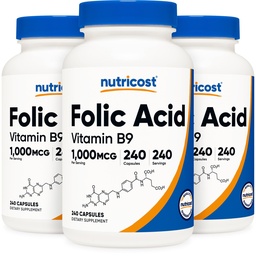 Nutricost Folinsyre (vitamin B9) 1000 mikrog, 240 kapsler (3 flasker)
