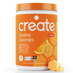 Opprett Kreatin Monohydrat Gummies for menn og kvinner, Økt fokus, styrke og utholdenhet, Anti-Melting Formula, Vegansk, Glutenfri, Ikke-GMO, 1,5 g kreatin per gummy (Orange, 90 ct)
