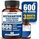 Astaxanthin 15mg + Panax Ginseng, Ginkgo Biloba Kosttilskudd, 90 Vegan Capsules, fremmer øyehelse energi, kardiovaskulær støtte + immunforsvar og fokus