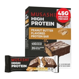 MUSASHI High Protein Bar, 45g Protein, 2g Total Sukker, Peanut Smør & Melk sjokolade belagt, post trening og proteinsnack på farten, 12 pakke med 3,2oz (90g) Bars