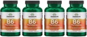Swanson B6 Pyridoxin - Vitamin Supplement fremme kardiovaskulær helse og energimetabolisme - Naturlig formel fremme total velvære - (250 kapsler, 100 mg hver) (4 pakke)