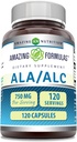 Amazing Formler ALA / ALC (Alpha Lipoic Acid / Acetyl L-Carnitine) Supplement |  750  750 Mg Per Serving | Kapsler | Ikke-GMO | Glutenfri | laget i USA (1 pakke, 120 greve)
