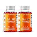 Vitamin D3 & K2 Gummies (2-Pack, 60 Count) støtter sunne bein, hjertehelse, kalsiumabsorpsjon og immunfunksjon Plantebasert, Ikke-GMO, Glutenfri