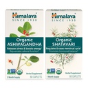 Himalaya Organic Ashwagandha for energistøtte Plus organisk Shatavari for PMS, Menstruell Cramp Relief & Menopause Support, 60 Kapsler Hver – 2 Produkt Bundle