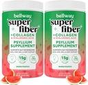 Bellway Super Fiber pulver + Collage (2 Pack), sukkerfri Psyllium Husk pulver med collagen Peptider og hyaluronsyre for gut helse, sunn hud, negler, bein og ledd, vannmelon (21.2 oz)